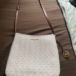 Michael Kors Beige Logo Crossbody Bag with Brown Strap
